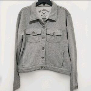Branded Bull Women's L Gray Fleece Button Up Collared Trucker Jacket Soft Cozy